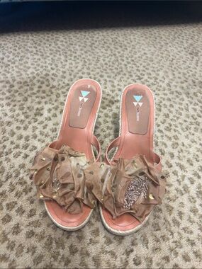 Women's Coral Pink Slip-On Mules with Rosette Accent